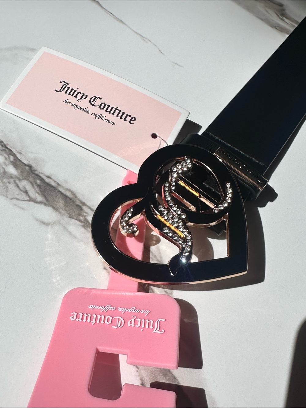Juicy Couture Black Belt with Gold Heart & Crystal Accent Buckle